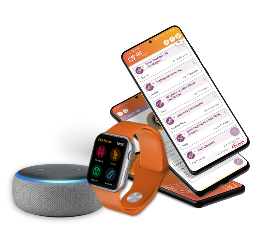 Darstellung der CED Forum App inklusive Smartwatch und Echo Dot