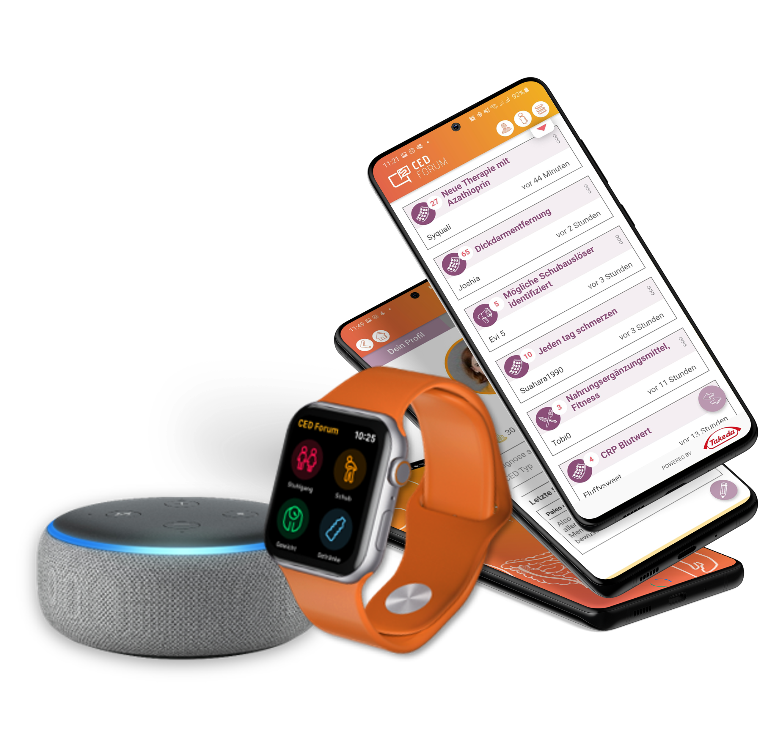 Darstellung der CED Forum App inklusive Smartwatch und Echo Dot